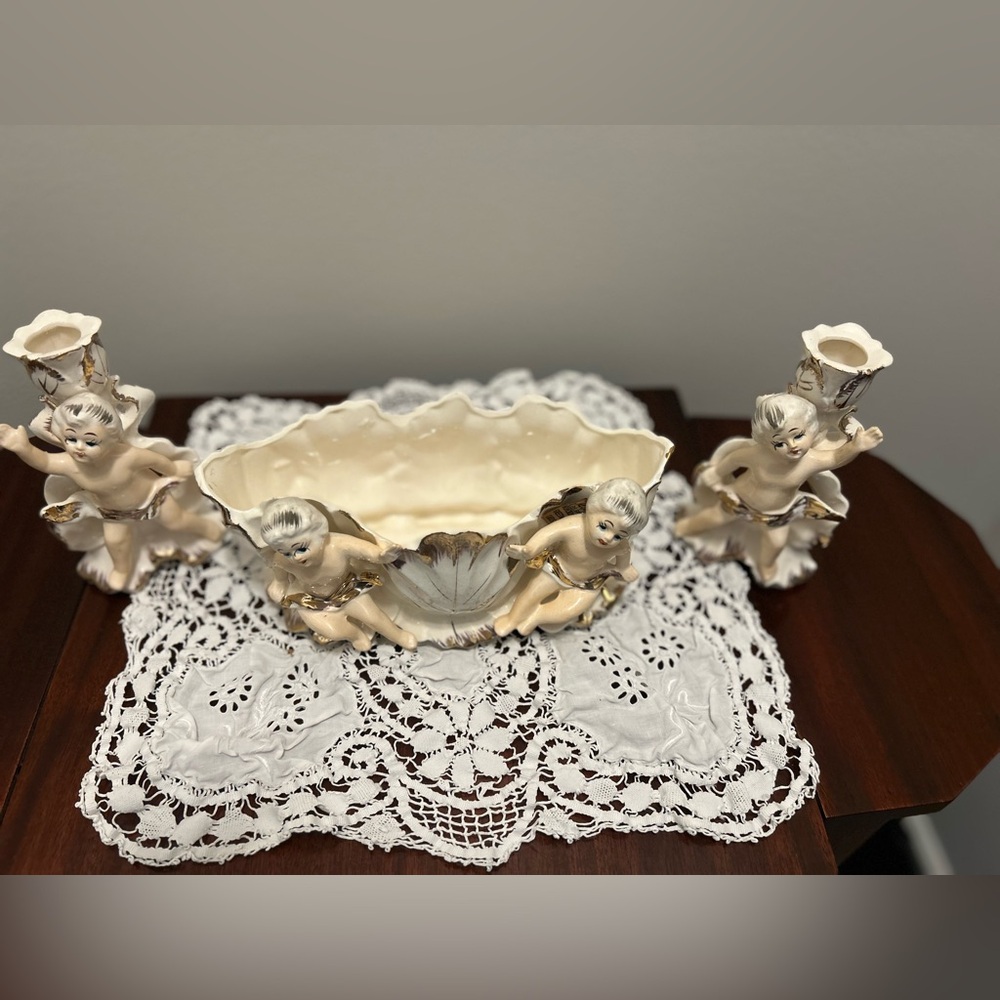 Cherub Decor Set with Cream and Gold Accents
